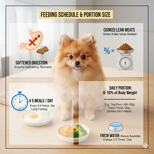 Infographic về lịch ăn và khẩu phần ăn cho chó Phốc Sóc 2 tháng tuổi, bao gồm 4-5 bữa/ngày, khẩu phần 8-10% trọng lượng cơ thể, và tầm quan trọng của hệ tiêu hóa yếu và nước sạch, với một chú chó Phốc Sóc con đáng yêu làm trung tâm.