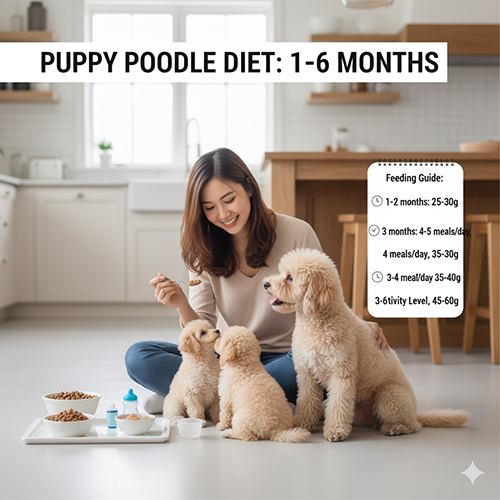 Khẩu phần ăn cho chó Poodle con 1–6 tháng tuổi – số bữa, định lượng và loại thức ăn phù hợp theo từng giai đoạn phát triển.