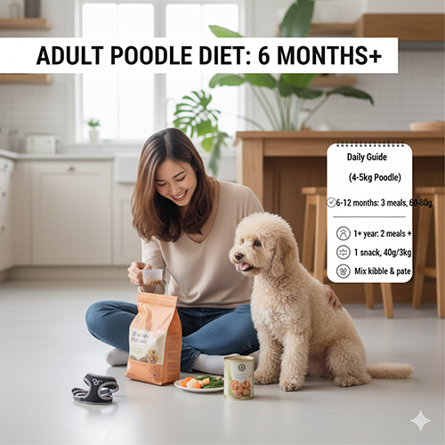 Khẩu phần ăn cho chó Poodle trưởng thành từ 6 tháng tuổi – số bữa, định lượng và loại thức ăn phù hợp cho cân nặng 4–5kg.