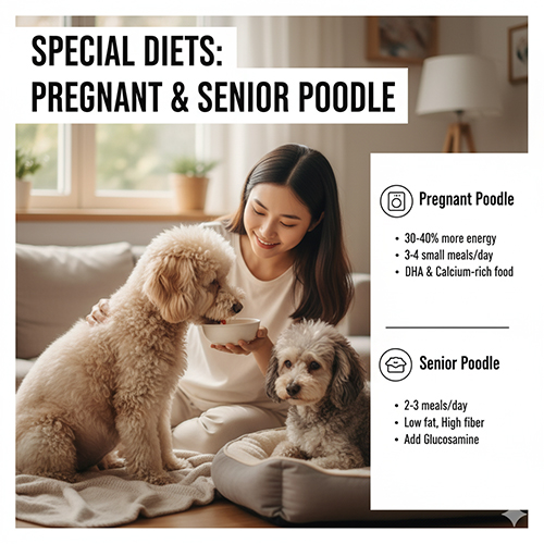 Khẩu phần ăn đặc biệt cho chó Poodle mang thai, sau sinh và chó già – tăng năng lượng, bổ sung DHA, canxi, protein và glucosamine.