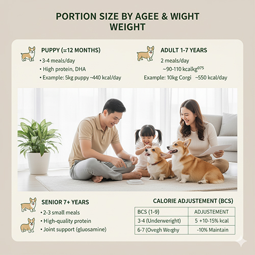 Khẩu phần ăn cho chó Corgi theo độ tuổi và cân nặng – Puppy, Adult, Senior
