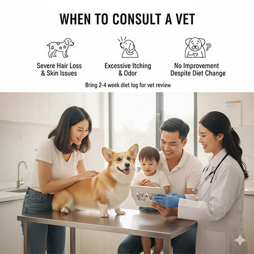 Khi nào cần đưa chó Corgi đi thú y – dấu hiệu rụng lông nhiều, ngứa da, mùi bất thường, không cải thiện dù đổi khẩu phần