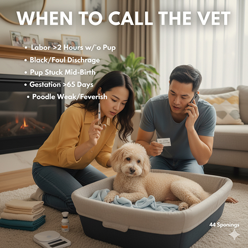 🚨 Khi nào cần gọi thú y ngay cho Poodle: rặn >2h không sinh, dịch âm hộ đen hôi, thai kẹt, sốt cao, quá 65 ngày chưa đẻ