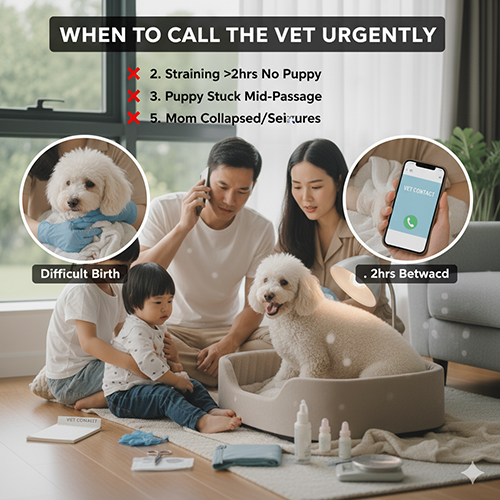 🚨 Khi nào cần gọi thú y khẩn cấp cho chó Poodle đang sinh: rặn lâu, thai kẹt, kiệt sức, dịch bất thường