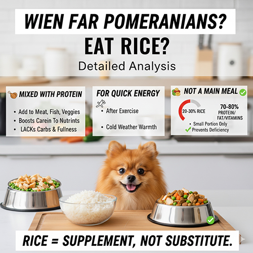 Infographic về các trường hợp thích hợp để chó Phốc Sóc ăn cơm, nhấn mạnh cơm là thức ăn bổ sung chứ không phải thay thế bữa chính.