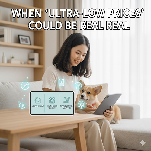 Người phụ nữ ngồi cùng chó Corgi và dùng tablet, minh họa các trường hợp giá cực thấp có thể thật: adopt/rehome, bệnh nền, thanh lý đàn