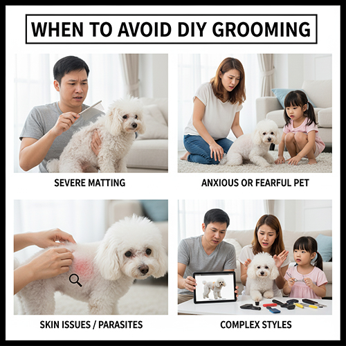 Các tình huống không nên grooming Poodle tại nhà như lông rối bết, thú cưng nhút nhát, có bệnh da liễu hoặc muốn tạo kiểu phức tạp