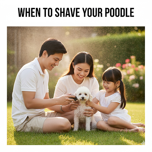 Gia đình vui vẻ chăm sóc và cạo lông cho chó Poodle trắng nhỏ – minh họa các trường hợp nên cạo lông