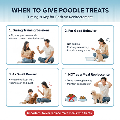 Khi nào nên cho Poodle ăn bánh thưởng – huấn luyện, hành vi tốt, phần thưởng nhỏ, không thay bữa chính.