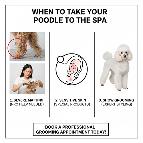 Khi nào nên đưa Poodle đi spa: lông bị đệm nặng, da nhạy cảm cần đặc trị, hoặc muốn tạo dáng chuẩn show