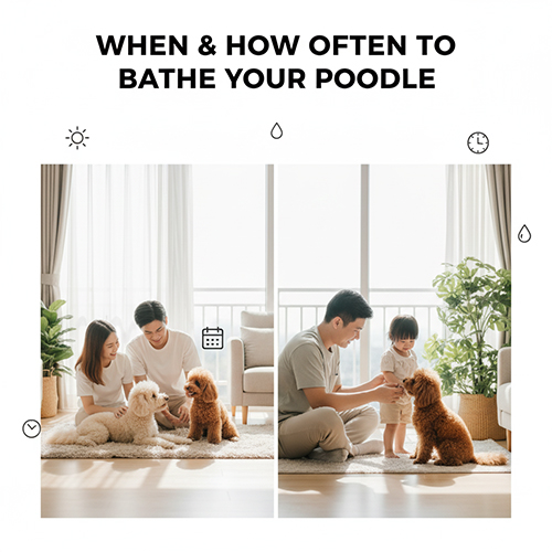 Khi nào nên tắm Poodle và tần suất theo tuổi, khí hậu: 2–3 tháng 1 lần/tuần, trưởng thành 1–2 lần/tuần