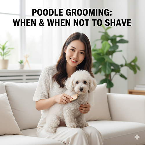 Cô gái ngồi trên sofa chải lông cho chó Poodle trắng – minh họa các trường hợp không nên cạo lông toàn thân