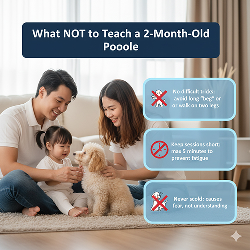 Những điều không nên dạy Poodle 2 tháng tuổi: tránh trick khó ảnh hưởng xương, không tập quá 5 phút, không la mắng vì gây sợ hãi.