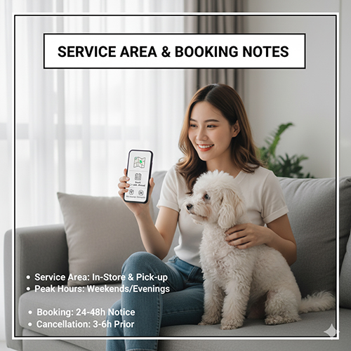 Khu vực phục vụ grooming Poodle và ghi chú đặt lịch – cửa hàng, đưa đón, khung giờ cao điểm, hủy đổi lịch