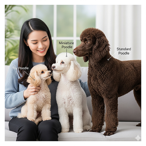 Kích thước và cân nặng các size Poodle: Standard, Miniature, Toy, Tiny, Teacup