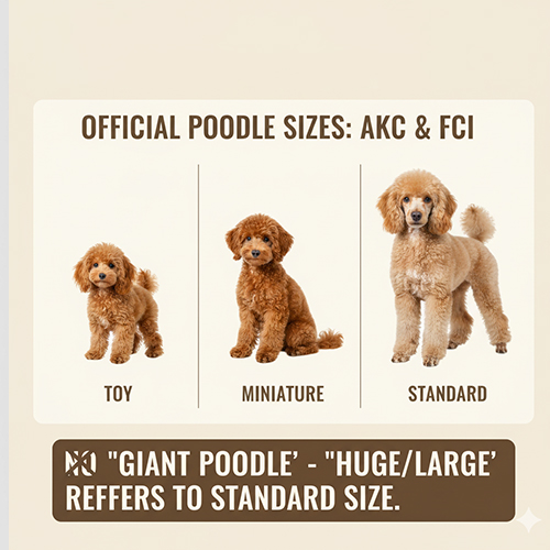 Các kích thước Poodle chính thức AKC/FCI – Toy, Miniature, Standard; không có dòng Poodle khổng lồ riêng