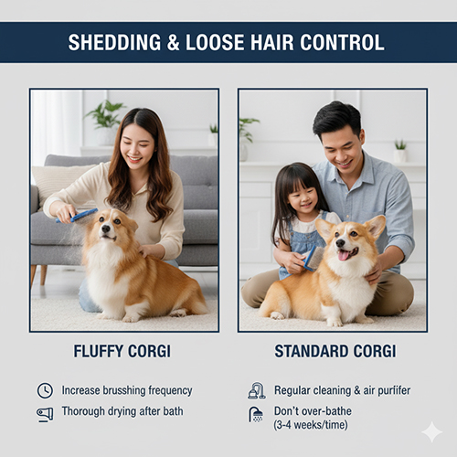 So sánh kiểm soát rụng lông ở Fluffy Corgi và Standard Corgi khi được chải lông cùng gia đình