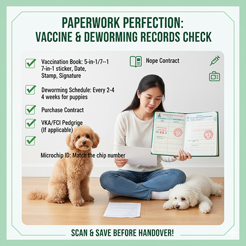 Kiểm tra sổ tiêm, lịch tẩy giun và giấy tờ khi mua chó Poodle – hợp đồng, VKA/FCI, microchip