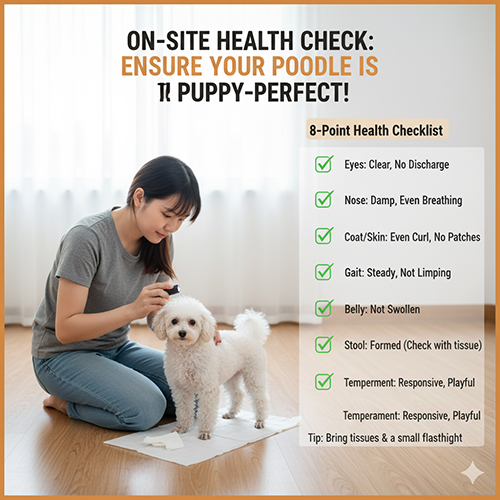 Checklist kiểm tra sức khỏe chó Poodle tại chỗ: mắt, mũi, tai, da lông, dáng đi, bụng, phân và tính cách
