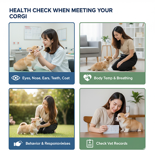 Kiểm tra sức khỏe cơ bản khi gặp chó Corgi: mắt mũi tai răng lông da, thân nhiệt nhịp thở, hành vi, hồ sơ tiêm