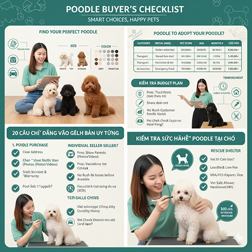 Checklist chọn mua chó Poodle đầy đủ: size, màu, ngân sách, nơi bán uy tín, 20 câu hỏi, kiểm tra sức khỏe, hợp đồng và vận chuyển