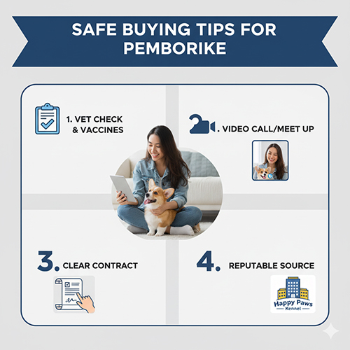 Người phụ nữ ngồi cùng chó Corgi Pembroke và gọi video, minh họa các bước mua an toàn: kiểm tra tiêm, video call, hợp đồng, chọn nơi uy tín