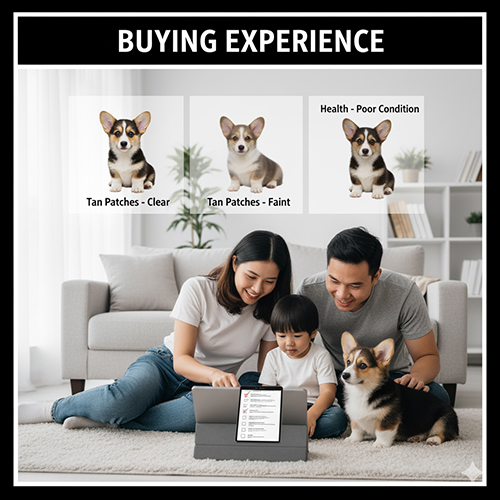 Gia đình tham khảo checklist chọn mua chó Corgi Tricolor, lưu ý mảng tan rõ, sức khỏe tốt và trại uy tín.