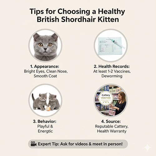 Infographic mẹo chọn mèo Anh lông ngắn con khỏe mạnh: mắt sáng, mũi khô, lông mượt; sổ tiêm 1–2 mũi và tẩy giun; nhanh nhẹn ham chơi; mua tại trại uy tín có bảo hành.