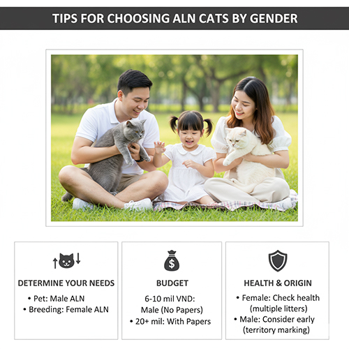 Infographic “Kinh nghiệm chọn mua mèo Anh lông ngắn theo giới tính” – gia đình vui chơi với hai mèo BSH ngoài công viên và 3 ô tip về nhu cầu, ngân sách, sức khỏe