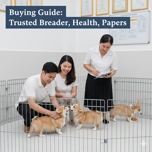 Cặp đôi trẻ chọn mua Pembroke Corgi con tại trại chó uy tín, có giấy tờ và bác sĩ thú y kiểm tra sức khỏe