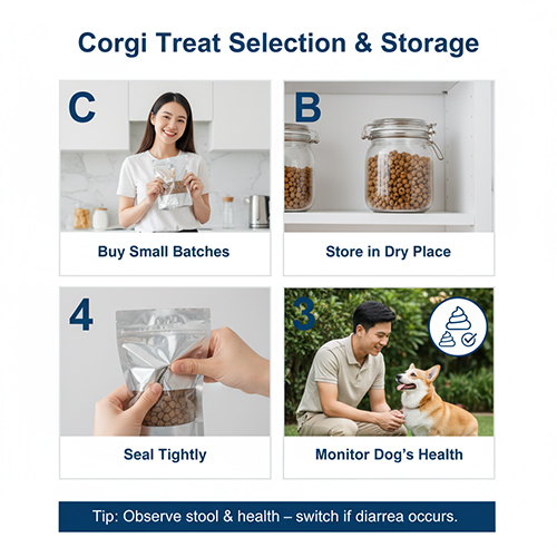 Kinh nghiệm chọn & bảo quản bánh thưởng cho chó Corgi – mua ít, bảo quản khô ráo, đóng kín, theo dõi sức khỏe