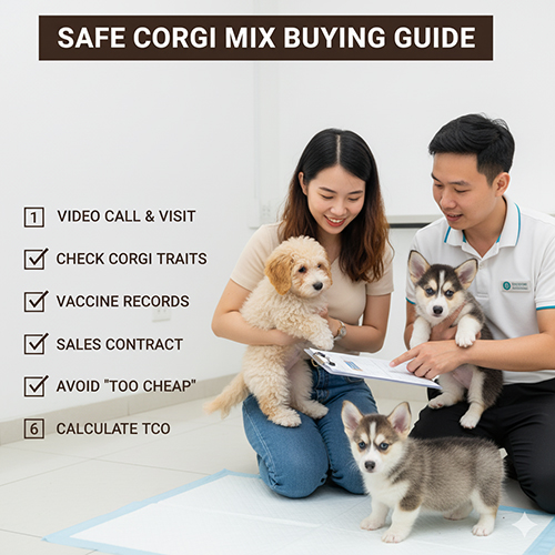 Gia đình xem chó Corgi lai con và hợp đồng mua bán, minh họa hướng dẫn chọn mua an toàn