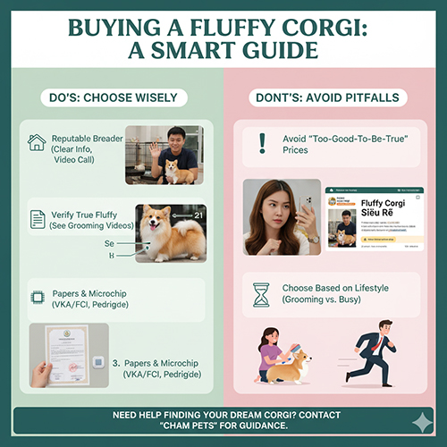 Hướng dẫn chọn mua Fluffy Corgi an toàn: chọn trại uy tín, xác thực Fluffy thật, kiểm tra giấy tờ microchip, tránh bẫy giá rẻ.
