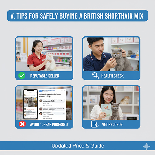 4 hình minh họa tips mua mèo Anh lông ngắn lai: chọn nơi bán uy tín, kiểm tra sức khỏe, tránh quảng cáo thuần giá rẻ, yêu cầu sổ thú y.