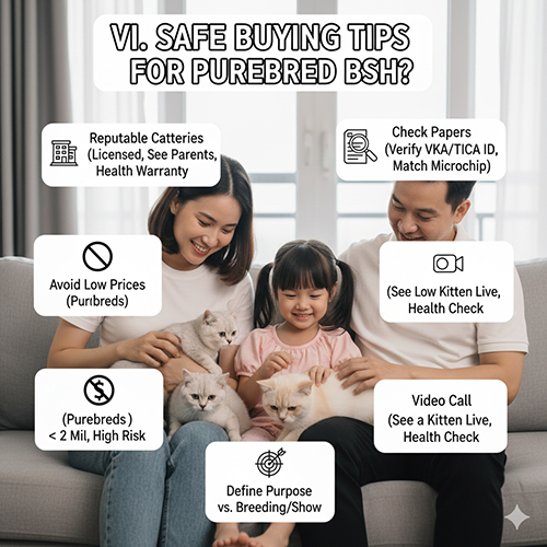 Gia đình vui vẻ bên mèo Anh lông ngắn thuần chủng, minh họa 6 tips mua mèo an toàn: chọn trại uy tín, kiểm tra giấy tờ, tránh giá rẻ, video call, xác định mục đích nuôi.