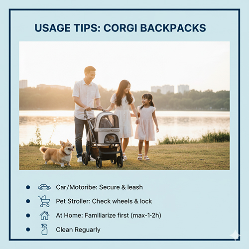 Gia đình dạo chơi cùng Corgi với xe đẩy thú cưng bên hồ, minh họa kinh nghiệm dùng balo