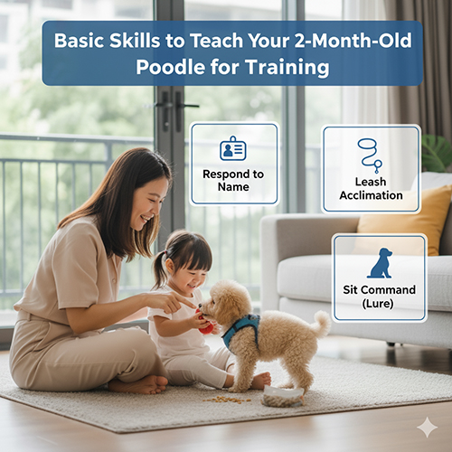 Kỹ năng cơ bản cho Poodle 2 tháng tuổi: gọi tên, làm quen dây dắt, tập ngồi theo lure, đi vệ sinh đúng chỗ.