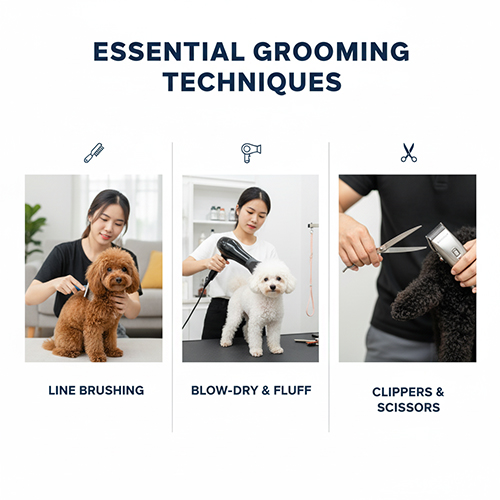 Kỹ thuật nền tảng cắt tỉa lông Poodle: gỡ rối, sấy dựng chân lông, dùng kéo – tông đơ & blend chuyển tiếp