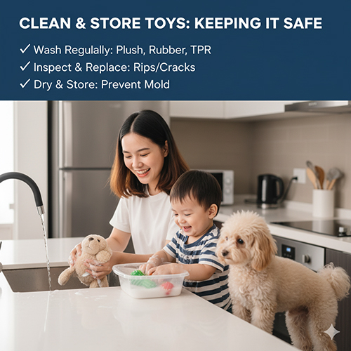 Hướng dẫn làm sạch và bảo quản đồ chơi cho chó Poodle – giặt plush, rửa cao su/TPR, cất khô ráo