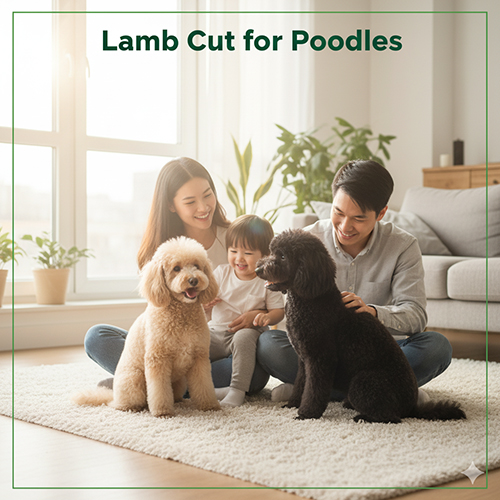 Gia đình Việt trẻ ôm chó Poodle kiểu Lamb Cut trong căn hộ.