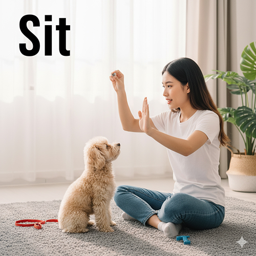 Huấn luyện chó Poodle lệnh Ngồi cơ bản với bánh thưởng