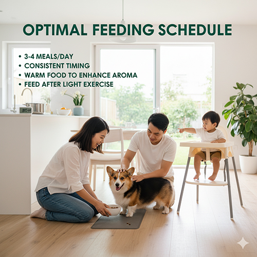 Gia đình cho chó Corgi ăn theo lịch 3–4 bữa/ngày đúng giờ