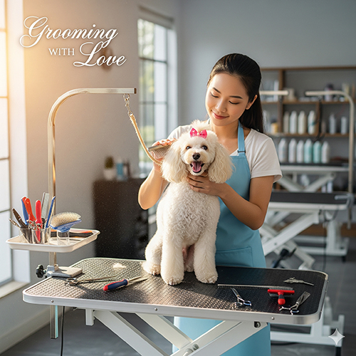 Nhân viên grooming đang cắt tỉa lông cho chó Poodle trắng trong spa thú cưng.