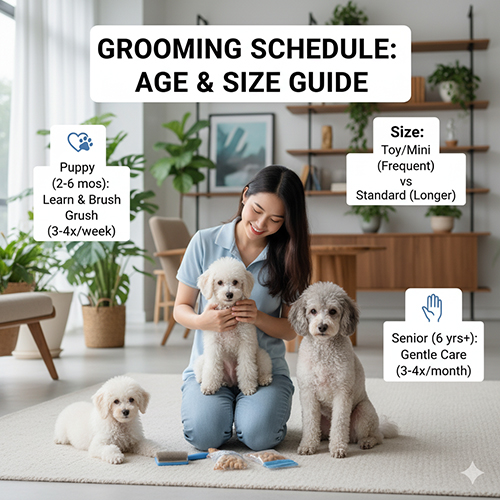 Chủ nhân ngồi cùng ba chú chó Poodle các độ tuổi và size khác nhau, minh họa lịch grooming phù hợp