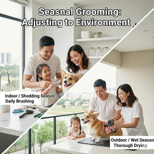 Gia đình chăm sóc lông cho chó Corgi trong nhà và sấy khô sau tắm – minh họa lịch grooming theo mùa và môi trường sống