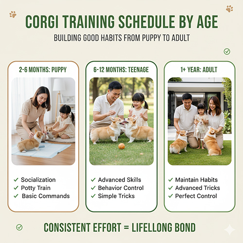Lịch huấn luyện chó Corgi theo độ tuổi 🐾 Từ Corgi con 2–6 tháng, 6–12 tháng đến trưởng thành.