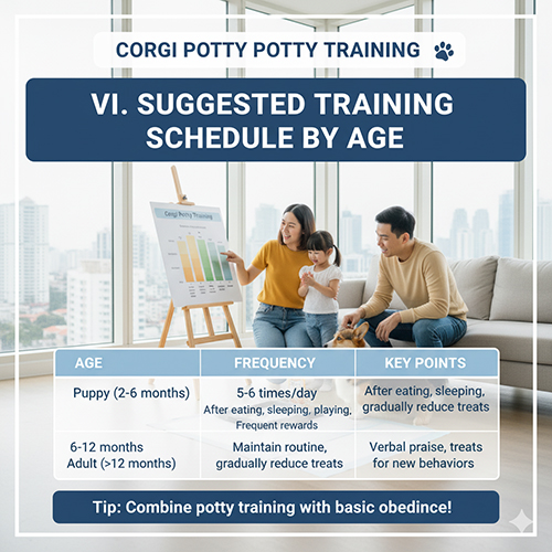 Gia đình theo dõi lịch huấn luyện chó Corgi đi vệ sinh đúng chỗ theo độ tuổi 🐶📊