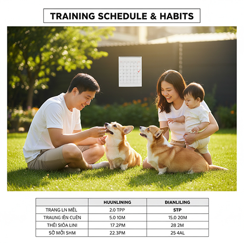 Gia đình huấn luyện hai chú Corgi ngoài vườn để duy trì thói quen giảm sủa hiệu quả