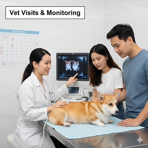 Bác sĩ thú y siêu âm và tư vấn lịch khám thai cho chó Corgi mang thai, cùng chủ nuôi theo dõi sức khỏe mẹ bầu.