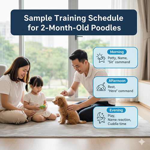 Lịch tập mẫu cho Poodle 2 tháng tuổi: sáng tập vệ sinh và lệnh ngồi, chiều tập dây dắt và lệnh lại đây, tối chơi nhẹ và phản ứng khi gọi tên.